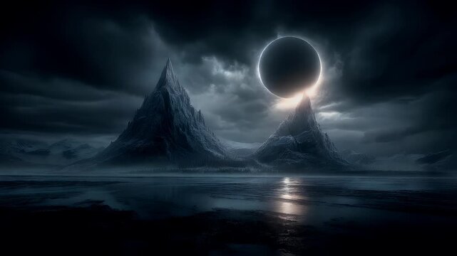 Eclipse, fantasy, mysterious, supernatural. A dramatic digital artwork depicts a fantastical landscape. A large, dark, moonlike object, possibly a planet or celestial body, is the main subject.