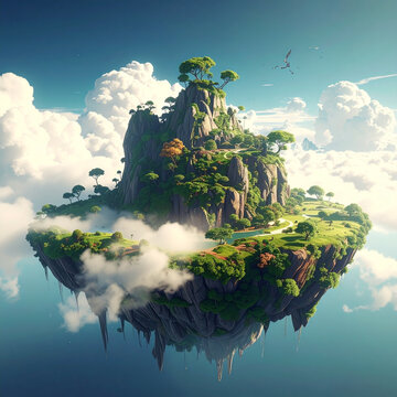 Floating fantasy mountain among clouds