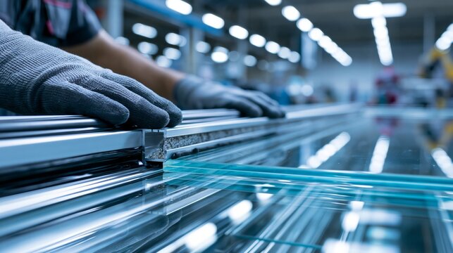 A factory worker pressing an aluminum spacer bar with black butyl sealant along a glass pane during double glazed unit assembly.
