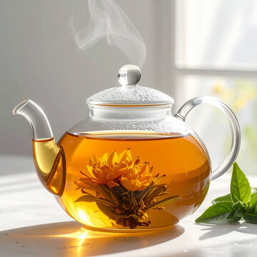 Flowering tea inside glass teapot.