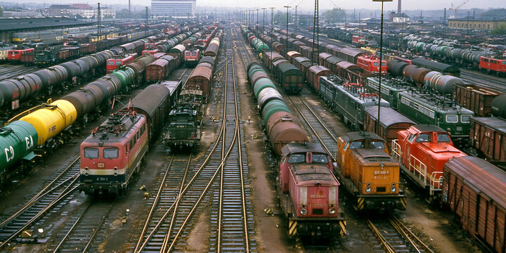 <Powerful Locomotive on Transport Infrastructure in Rail Yard: Overhead View of Freight Train Vehicles>