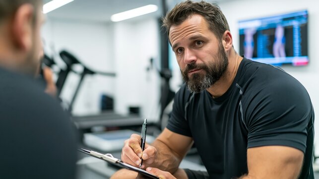 A sports performance coach facing an athlete in a lab, holding a clipboard with plastic backing toward the camera before testing equipment.