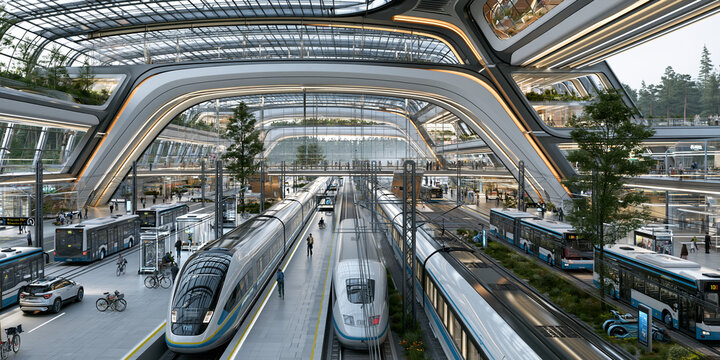 Futuristic Design & Modern Architecture of Urban Train Station: High-Speed Transit Hub with Eco-Friendly Aesthetics & Cutting-Edge Technology