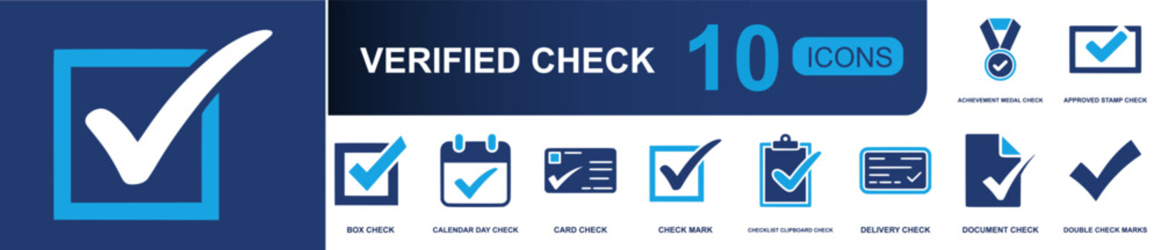 Verified check icon set. Containing approval, validation, checklist, confirmation, trusted badge, quality assurance, secure verification, success mark, certified document and more.