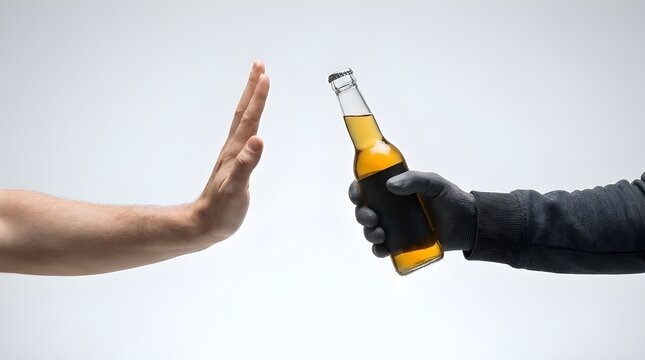 Person's bare hand making a stop gesture towards a gloved hand offering an alcoholic beverage in a studio-lit conceptual photograph about refusal