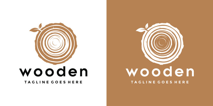 Modern wood slice with growth rings two leaves for eco friendly sustainability organic products forestry agriculture natural Logo Design