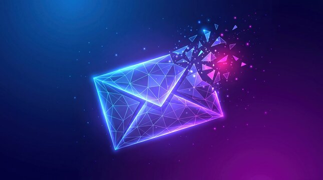 Digital email icon with geometric wireframe mesh and glowing particles