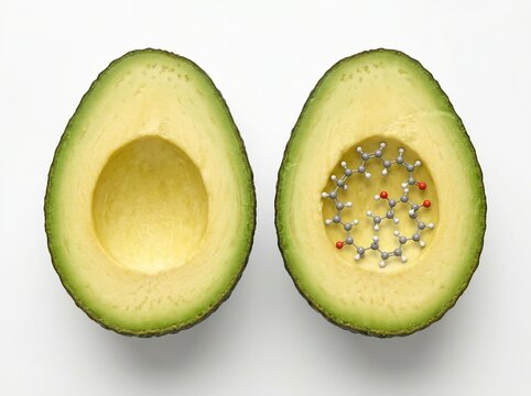Avocado cut in half showing healthy fats and molecular structure of oleic acid within the fruit flesh