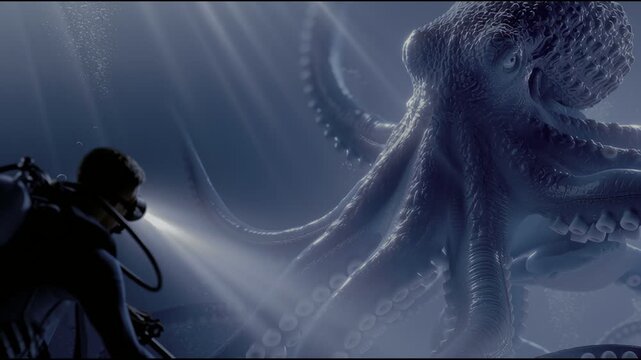 Mysterious giant octopus underwater diver flashlight deep sea tentacle ocean surreal fantasy adventure scene, dramatic marine creature encounter exploration in dark sea monster shadow beam tension