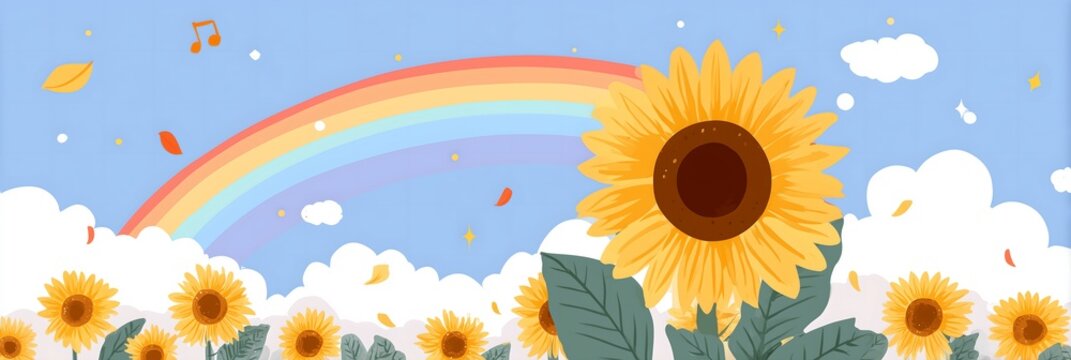 Cheerful vibrant sunflower field with rainbow, blue sky, clouds, and musical notes, perfect for summer-themed banners, uplifting nature backgrounds, bright flat design graphics, Children's Day