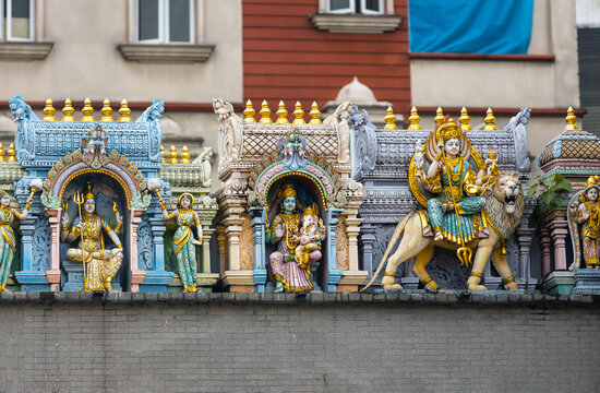 Colorful statues of Indian deities adorns the wall of the Sri Veeramakaliamman Temple in Little India, Singapore. Indian temple is dedicated to the Hindu goddess Kali, a fierce incarnation of Shakti