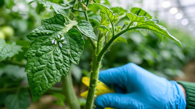 A gloved pest control worker placing a yellow sticky trap beside a tomato leaf infested with visible white winged whiteflies.