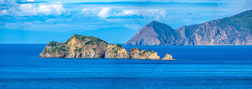 Panoramic view of the entrance to Queen Chalotte Sound, Cape Koamaru, Cook Strait, New Zealand