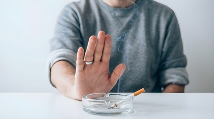 A person's hand raised in a decisive stop gesture behind a smoking item in an ashtray, representing the choice to quit for health.