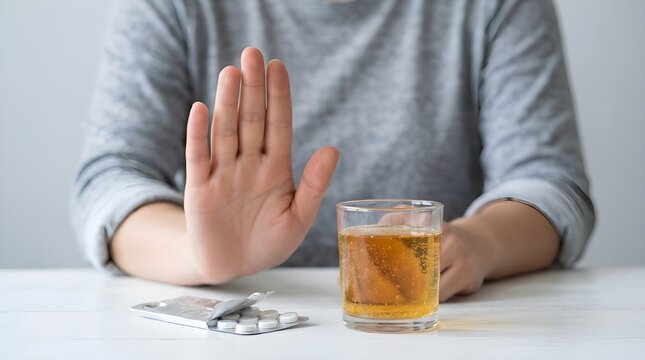 Person's hand in refusal gesture with energy drink and supplements on table, emphasizing healthy choices and moderation