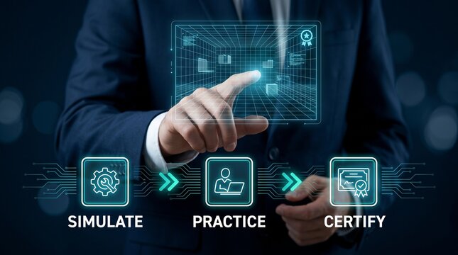 Business professional interacting with extended reality training interface icons