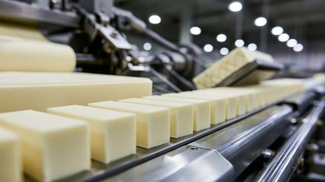 Industrial soap bars being sliced from an extruded log by a wire cutter and conveyed to a stamping press.