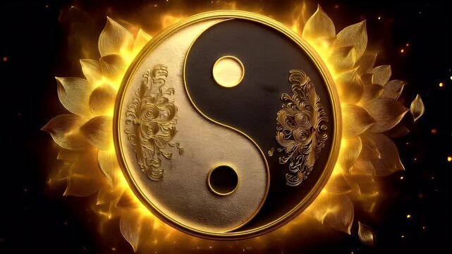 Yin Yang, Chinese philosophy, harmony, balance, Taoism. A digital artwork depicts a yinyang symbol, a traditional Chinese symbol, surrounded by golden lotus flowers.