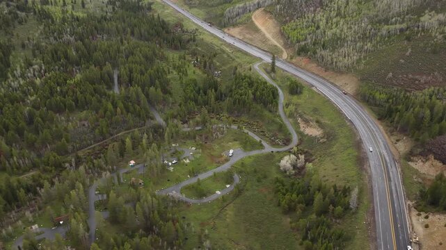 Aerial of campground along US highway 40 at Daniels Pass in Utah in Uinta mountains