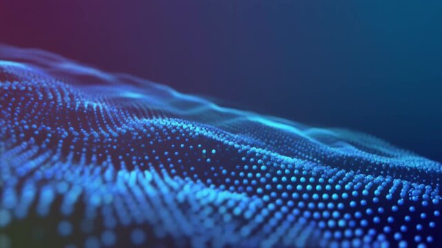 A dynamic wave of blue spheres on a gradient background, symbolizing data flow, molecular structure, and abstract fluid motion.