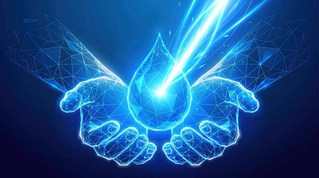 Digital wireframe hands holding glowing water drop for sustainability