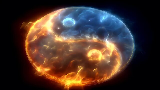 Yin Yang, Chinese philosophy, harmony, balance, Taoism. A vivid digital artwork depicts a celestial sphere, resembling a yinyang symbol. The sphere is rendered in shades of blue and orange.