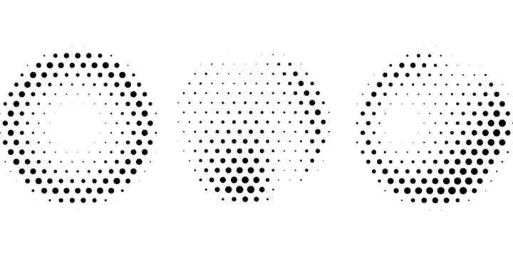 Three black noise grain vector circles illustration. Abstract dot gradient frame design elements with textured stipple effect. Geometric shape with shadow.
