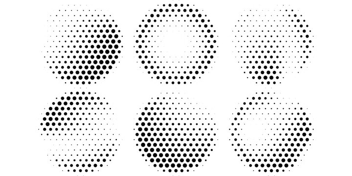 Three black noise grain vector circles illustration. Abstract dot gradient frame design elements with textured stipple effect. Geometric shape with shadow.