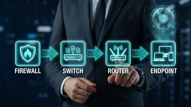 Businessman interacting with network architecture icons