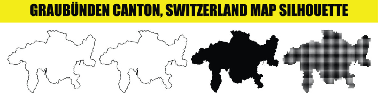Graubunden canton switzerland map silhouette vector illustrations set including solid outline and pixel patterns design.
