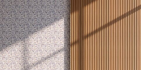 Modern interior background with colorful speckled terrazzo wall, wooden fluted panel, and natural window shadow © AuzaStudio