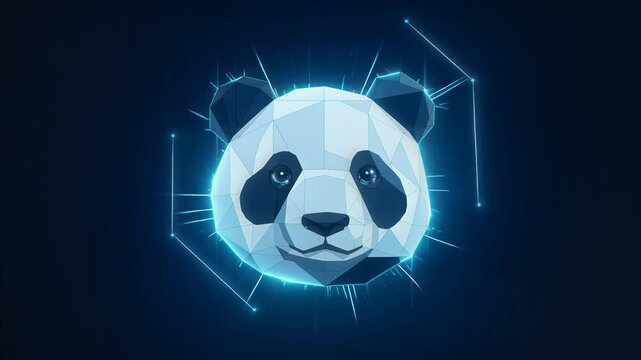 Digital panda head with glowing neon blue geometric lines