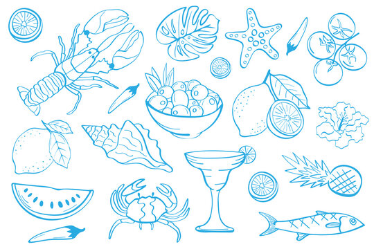 Summer elements collection in mediterranean style isolated on white background. Hand drawn blue doodle decorative icons  in amalfi style. Italian vibe. Perfect for decorations, packaging, restaurants.