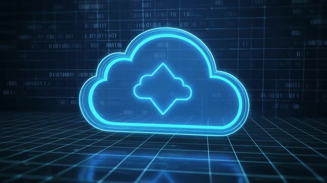 A glowing blue 3D cloud icon on a digital grid background, symbolizing cloud computing, data storage, and technological connectivity.