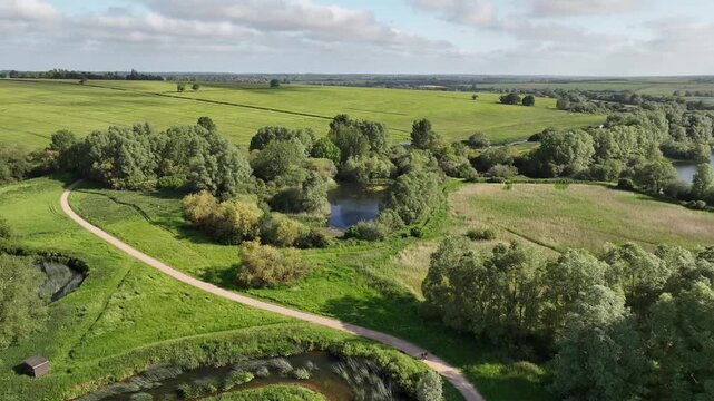 Aerial Drone View Winding River Meander Footpath Stanwick Lakes Nene Way Northamptonshire England UK
