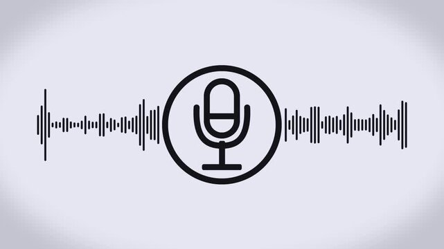 Video animation of a voice recording or broadcasting icon, microphone and sound waveform, voice message - close-up.