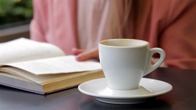woman sitting at table in cafe or restaurant reading book with cup coffee or hot tea. reader notebook in rest break or novel Fantasy story. female girl drink beverage. man hobby. student study learn