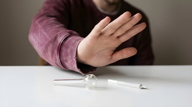 Close-up image of a person's hand making a stop gesture, refusing illicit substance use and drug paraphernalia on a clean white table indoors