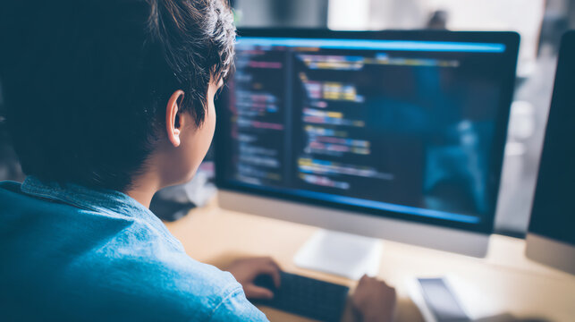 A focused individual coding on a computer, highlighting the essence of programming and digital innovation.