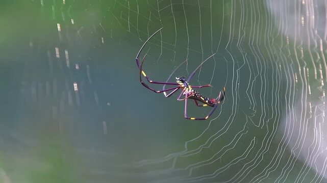 4K close up video of Golden orb-weaver spider (Nephila genus) spinning circular web pattern, showing silk weaving process in tropical natural habitat