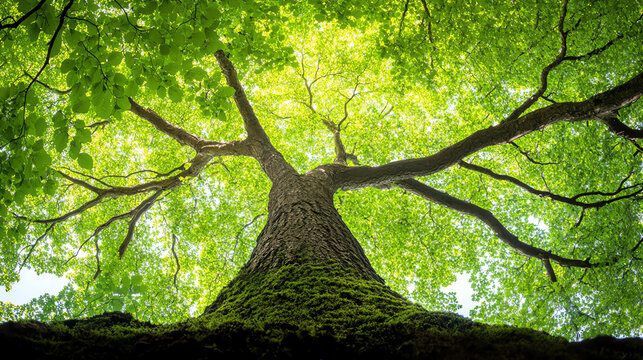 A majestic tree viewed from below, showcasing vibrant green leaves and strong branches, symbolizing nature's beauty and resilience.