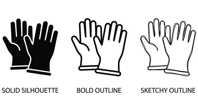 Protective gloves icon set for safety and work, solid outline and sketch styles
