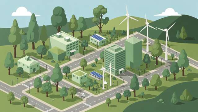 Green city isometric view with windmills, solar panels, buildings, and trees