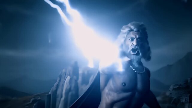 Greek mythology god Zeus. Fantasy. A dramatic, atmospheric portrayal of a bearded man, set against a dark, stormy sky. The mans intense gaze is directed to the right, and his hand is outstretched.