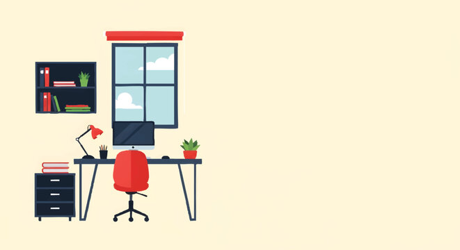 Modern Flat Design Home Office Workspace Illustration with Computer Desk, Red Chair, and Copy Space - Remote Work and Freelance Concept