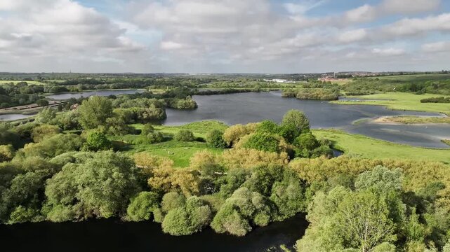 Aerial Drone View Nene River Valley Wetlands Panoramic Stanwick Lakes Northamptonshire England UK