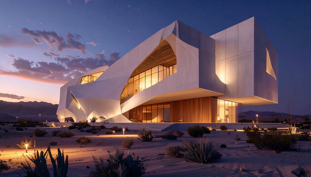 Futuristic Architectural Masterpiece Illuminated at Dusk in Desert Landscape.