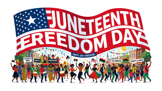 Celebration of Juneteenth: A vibrant illustration depicts a joyful Juneteenth Freedom Day celebration, with diverse people marching and dancing under a large American flag.