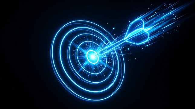 Dynamic glowing blue dart flying towards a digital concentric circle target with achievement strategy bullseye business abstract precision marketing planning performance competition
