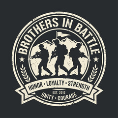 Fototapeta premium Military patch design featuring soldier silhouettes with text Brothers in Battle on a dark background logo design